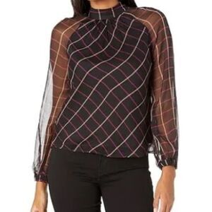 Milly Sioane Windowpane Print Silk Chiffon Top Black Pink Blouse Sheer Sleeves L